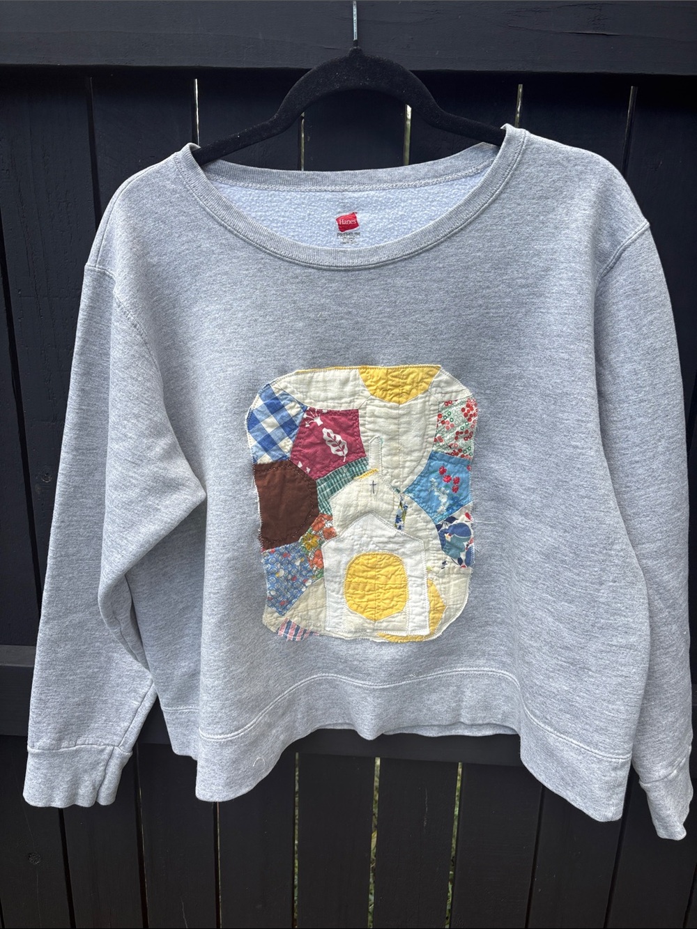 Gray Pullover Sweatshirt with Quilted Church Patchwork Detail/